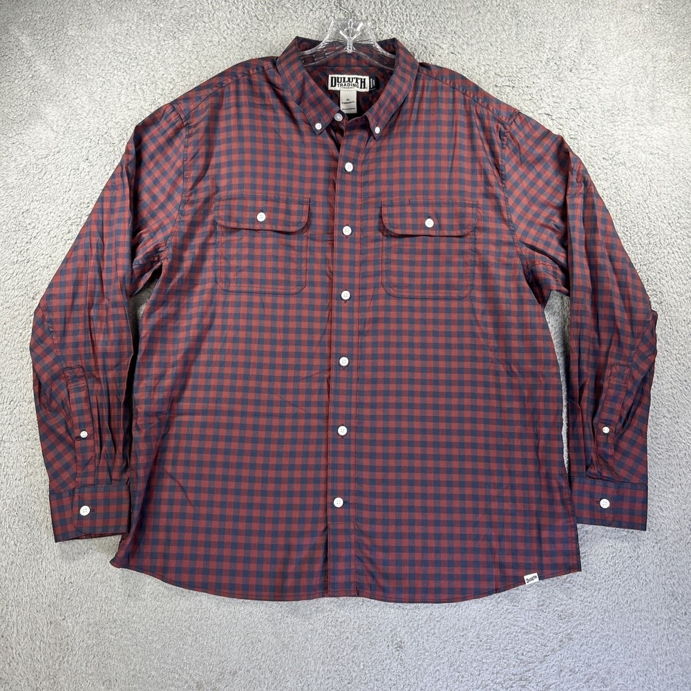 Duluth Trading Shirt Mens XL Blue Red Gingham Untucked Long Sleeve Pocket Flaps‎